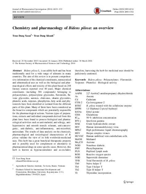 Chemistry and pharmacology of Bidens pilosa : an overview.